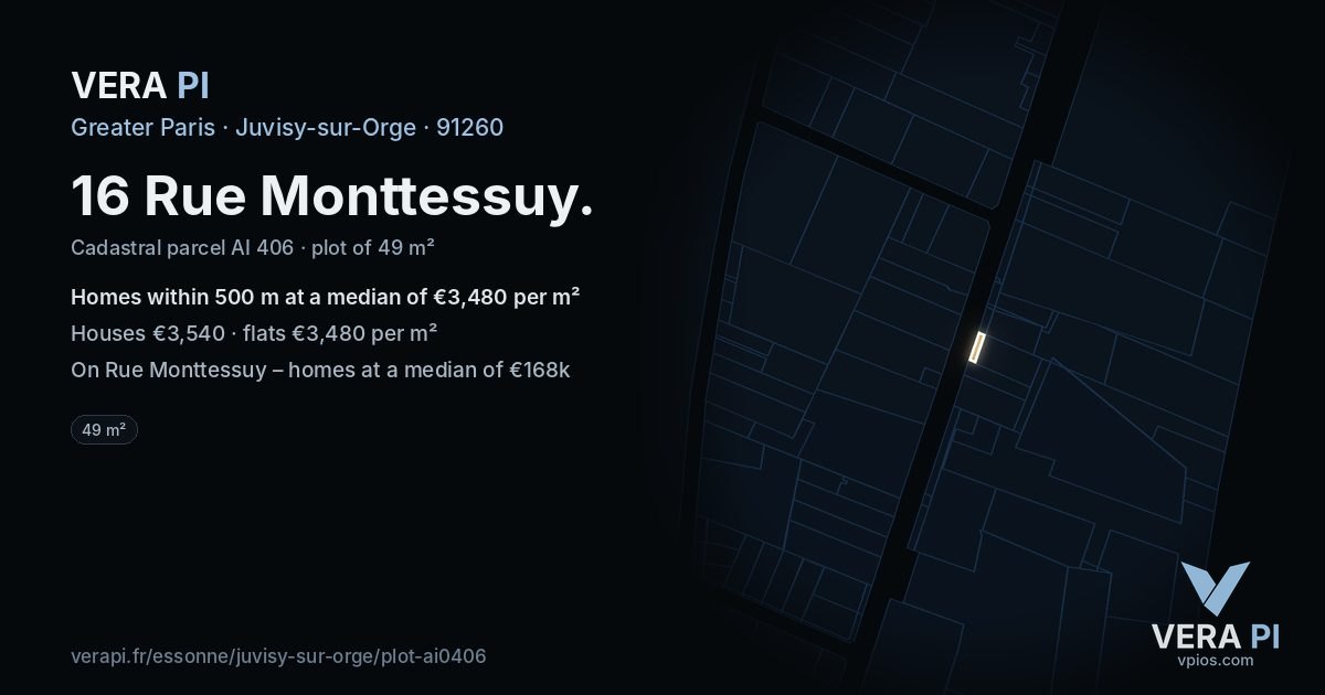 16 Rue Monttessuy, Juvisy-sur-Orge at night – the plot lit, the parcels around coloured by the prices near them