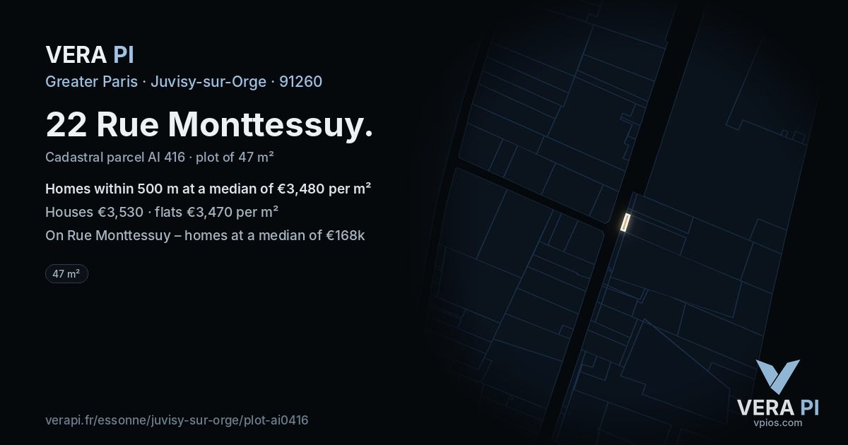22 Rue Monttessuy, Juvisy-sur-Orge at night – the plot lit, the parcels around coloured by the prices near them