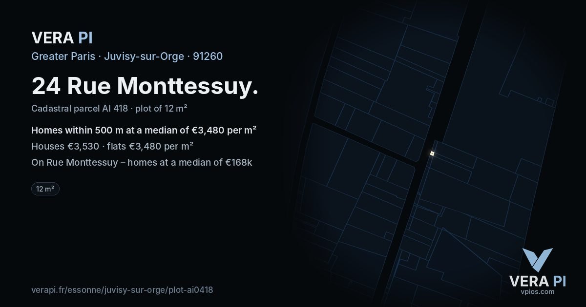 24 Rue Monttessuy, Juvisy-sur-Orge at night – the plot lit, the parcels around coloured by the prices near them