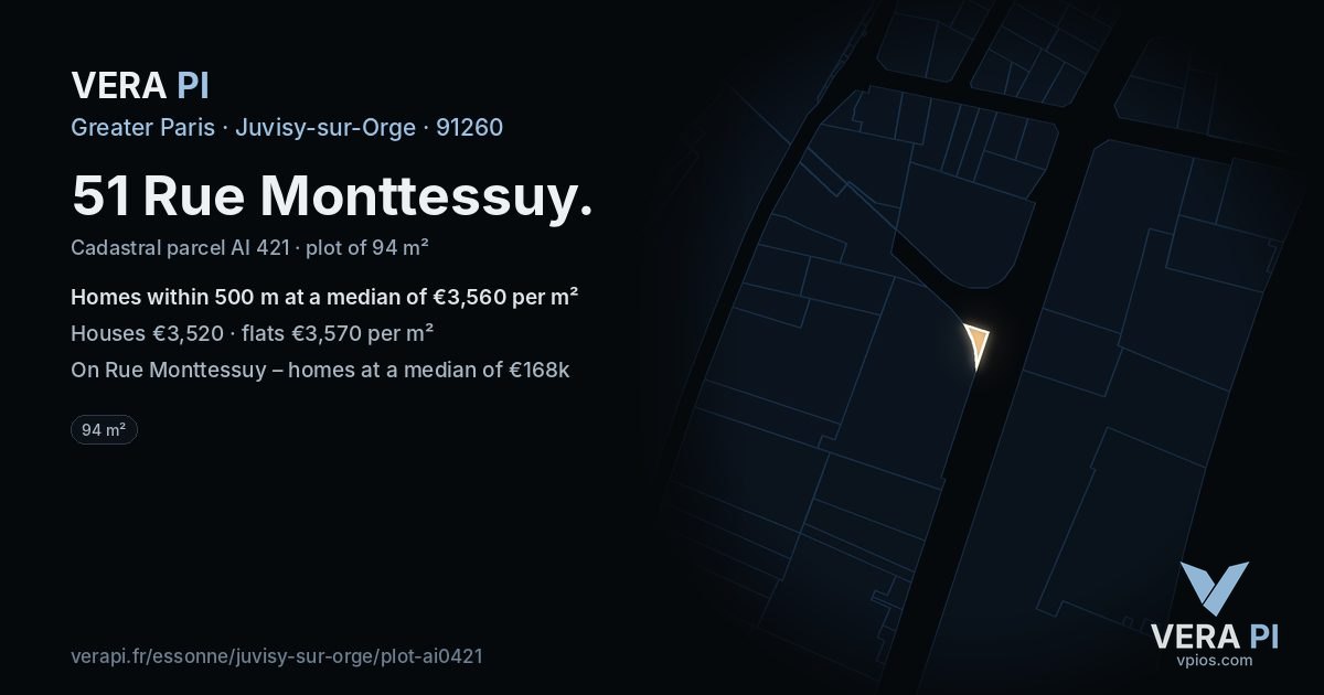 51 Rue Monttessuy, Juvisy-sur-Orge at night – the plot lit, the parcels around coloured by the prices near them
