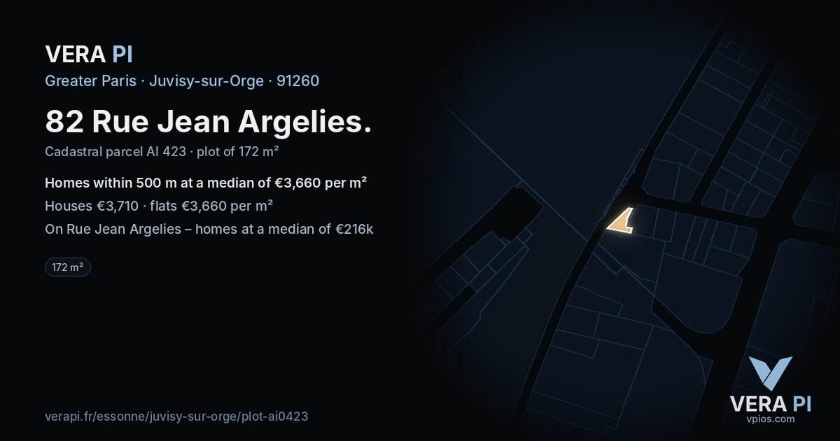 82 Rue Jean Argelies, Juvisy-sur-Orge at night – the plot lit, the parcels around coloured by the prices near them