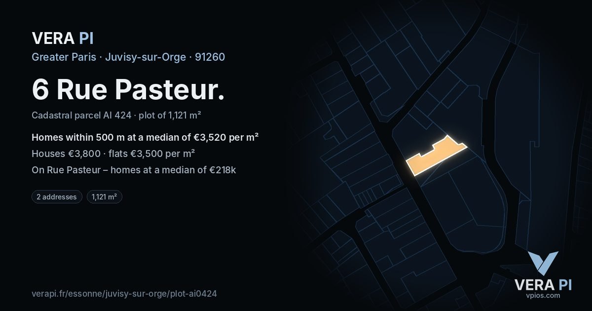 6 Rue Pasteur, Juvisy-sur-Orge at night – the plot lit, the parcels around coloured by the prices near them