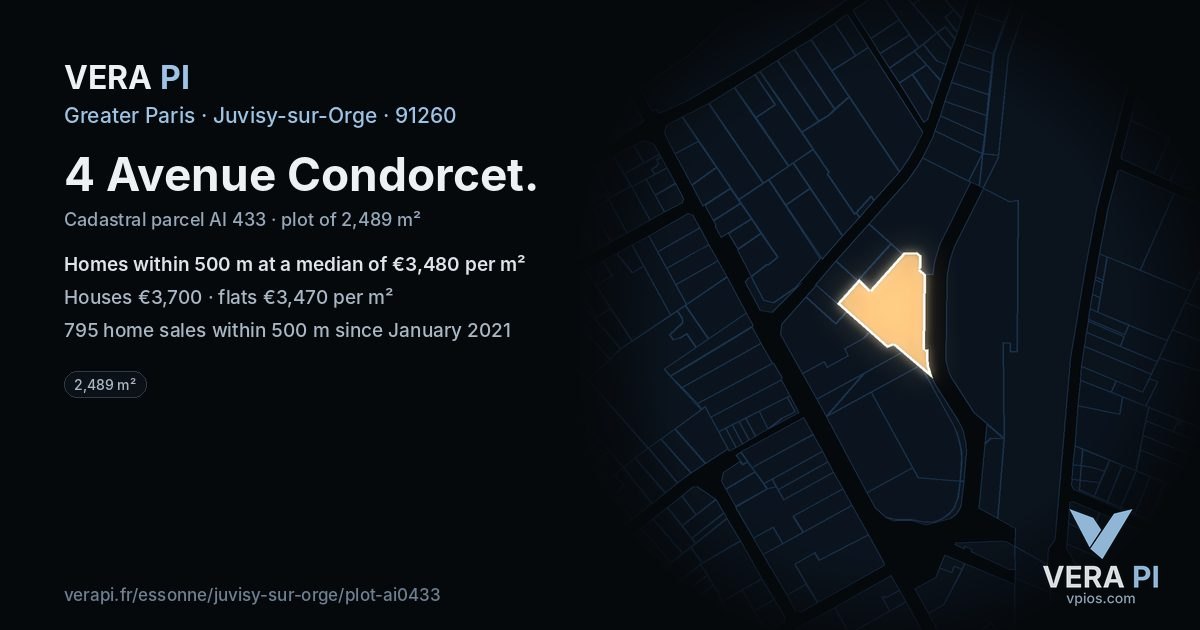 4 Avenue Condorcet, Juvisy-sur-Orge at night – the plot lit, the parcels around coloured by the prices near them
