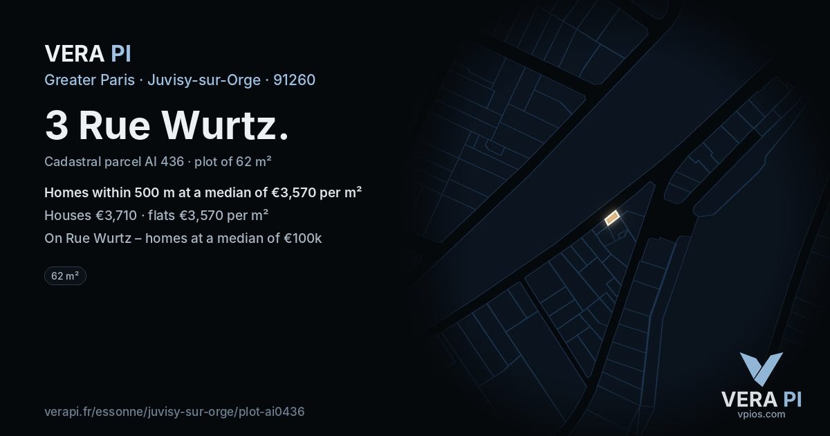 3 Rue Wurtz, Juvisy-sur-Orge at night – the plot lit, the parcels around coloured by the prices near them
