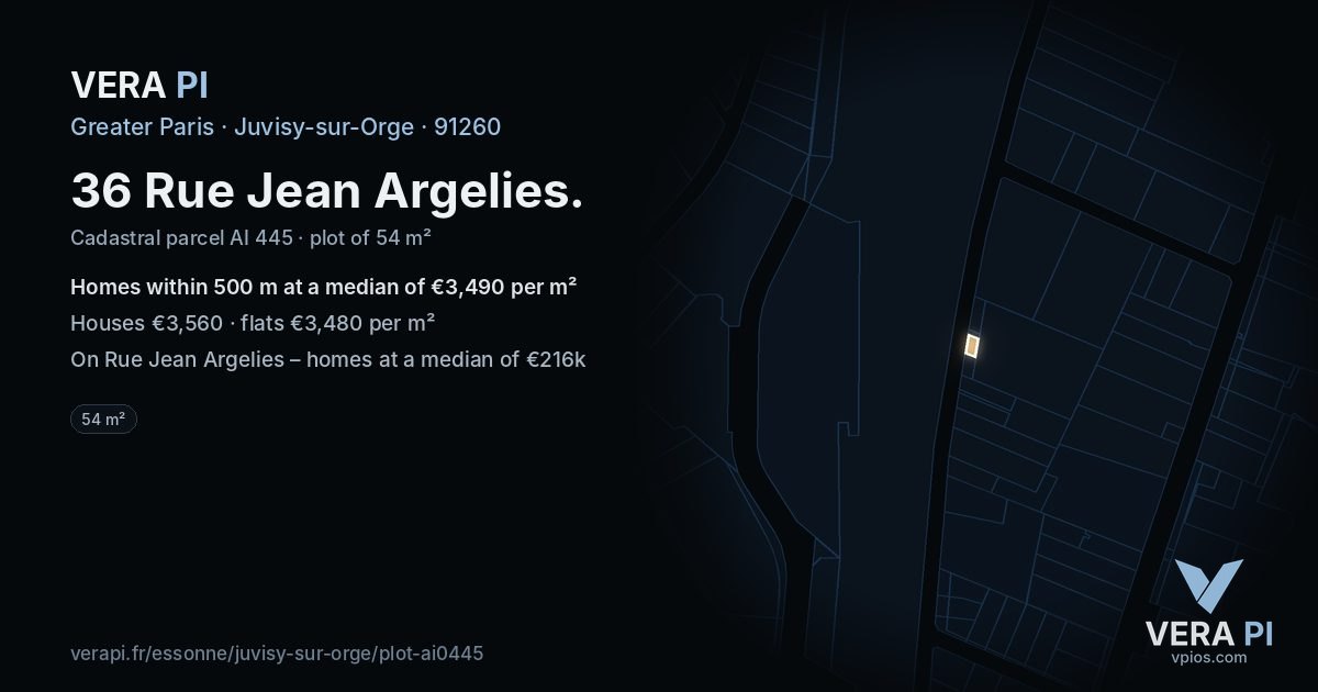 36 Rue Jean Argelies, Juvisy-sur-Orge at night – the plot lit, the parcels around coloured by the prices near them