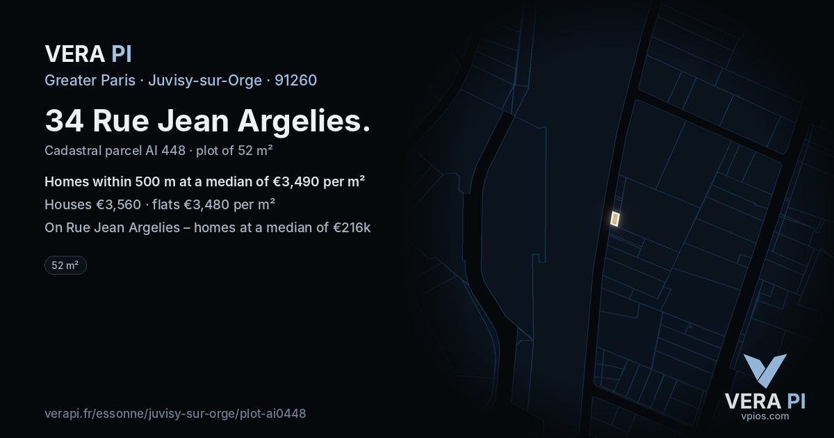 34 Rue Jean Argelies, Juvisy-sur-Orge at night – the plot lit, the parcels around coloured by the prices near them