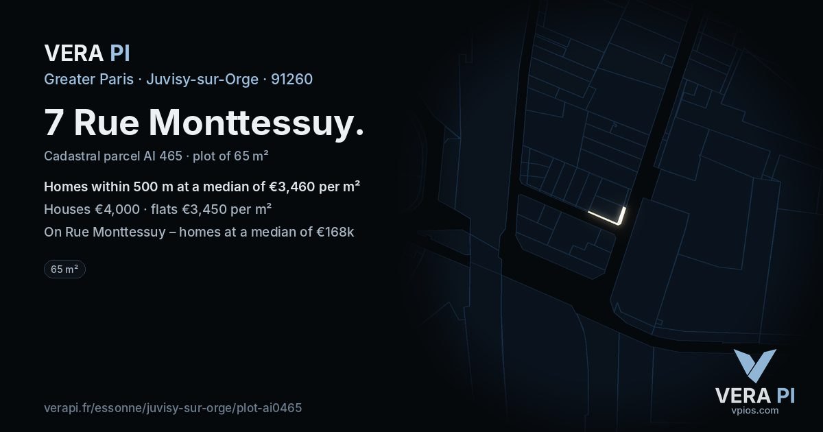 7 Rue Monttessuy, Juvisy-sur-Orge at night – the plot lit, the parcels around coloured by the prices near them