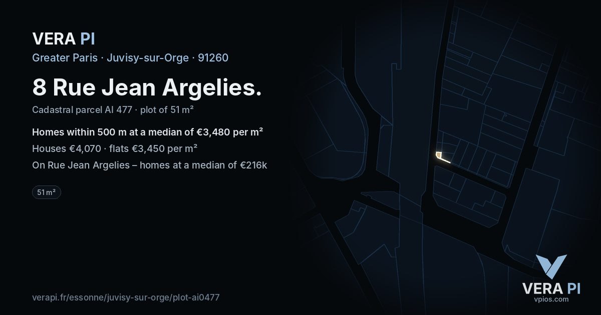 8 Rue Jean Argelies, Juvisy-sur-Orge at night – the plot lit, the parcels around coloured by the prices near them