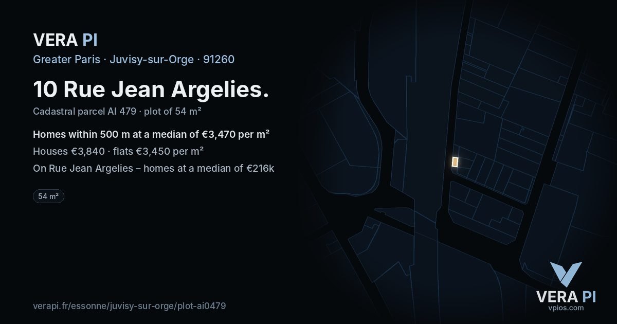 10 Rue Jean Argelies, Juvisy-sur-Orge at night – the plot lit, the parcels around coloured by the prices near them