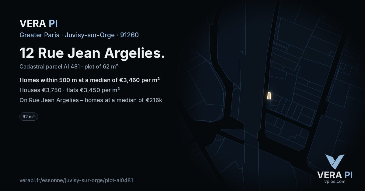 12 Rue Jean Argelies, Juvisy-sur-Orge at night – the plot lit, the parcels around coloured by the prices near them