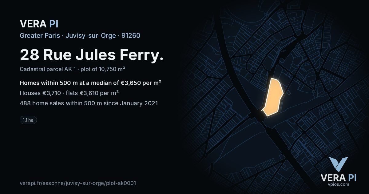 28 Rue Jules Ferry, Juvisy-sur-Orge at night – the plot lit, the parcels around coloured by the prices near them