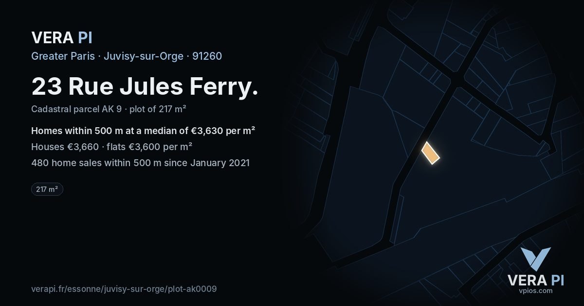 23 Rue Jules Ferry, Juvisy-sur-Orge at night – the plot lit, the parcels around coloured by the prices near them