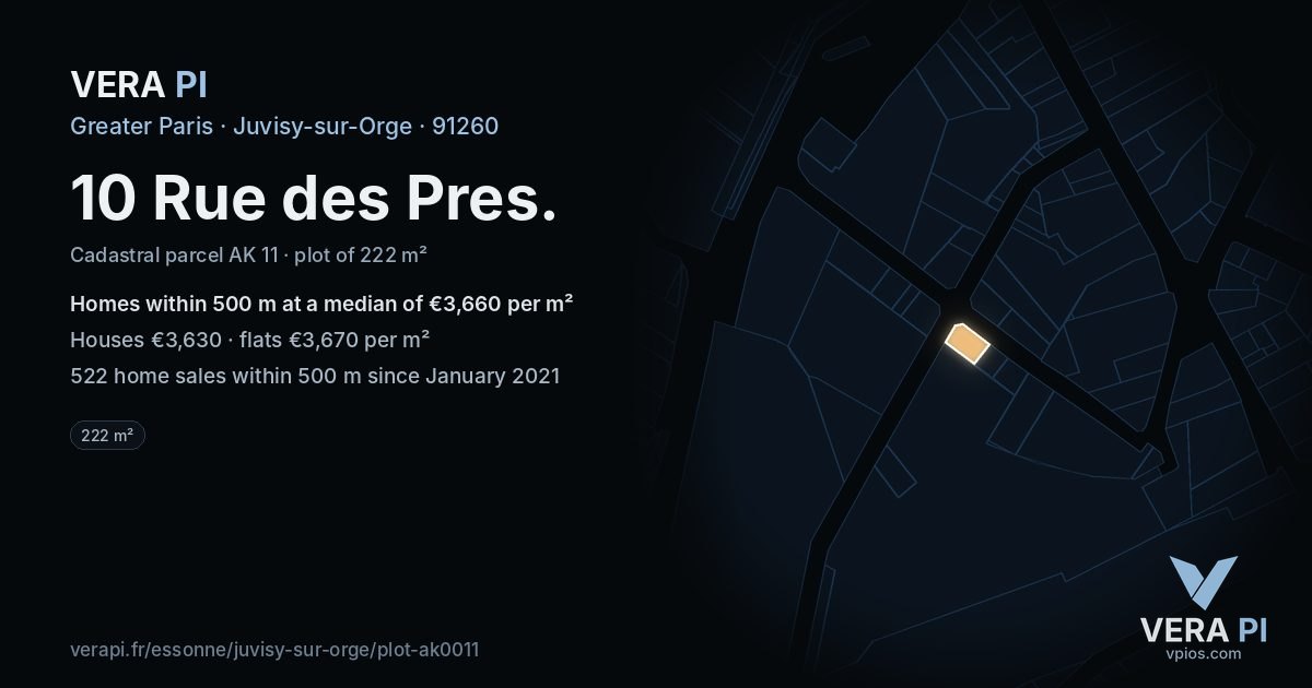 10 Rue des Pres, Juvisy-sur-Orge at night – the plot lit, the parcels around coloured by the prices near them