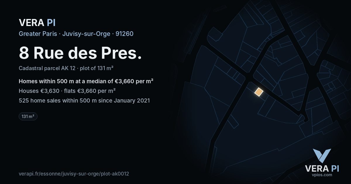 8 Rue des Pres, Juvisy-sur-Orge at night – the plot lit, the parcels around coloured by the prices near them