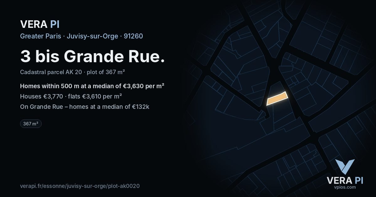 3 bis Grande Rue, Juvisy-sur-Orge at night – the plot lit, the parcels around coloured by the prices near them