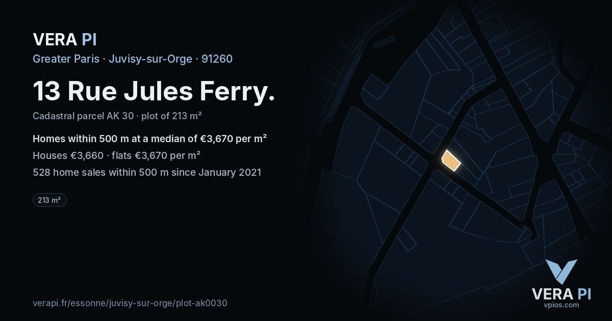 13 Rue Jules Ferry, Juvisy-sur-Orge at night – the plot lit, the parcels around coloured by the prices near them