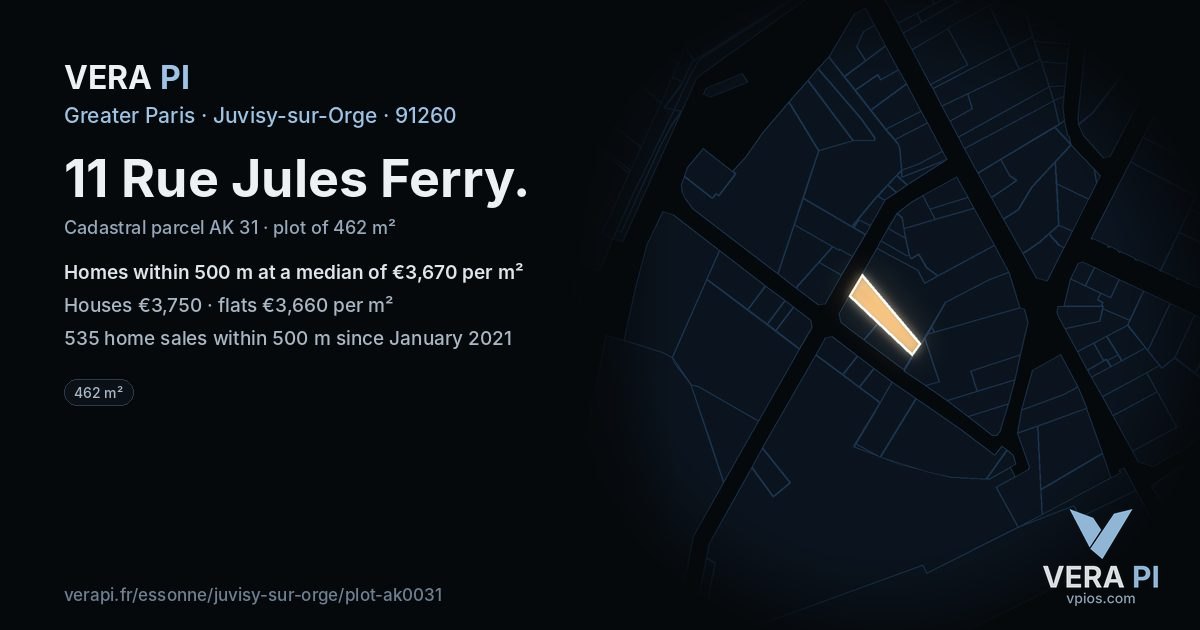 11 Rue Jules Ferry, Juvisy-sur-Orge at night – the plot lit, the parcels around coloured by the prices near them