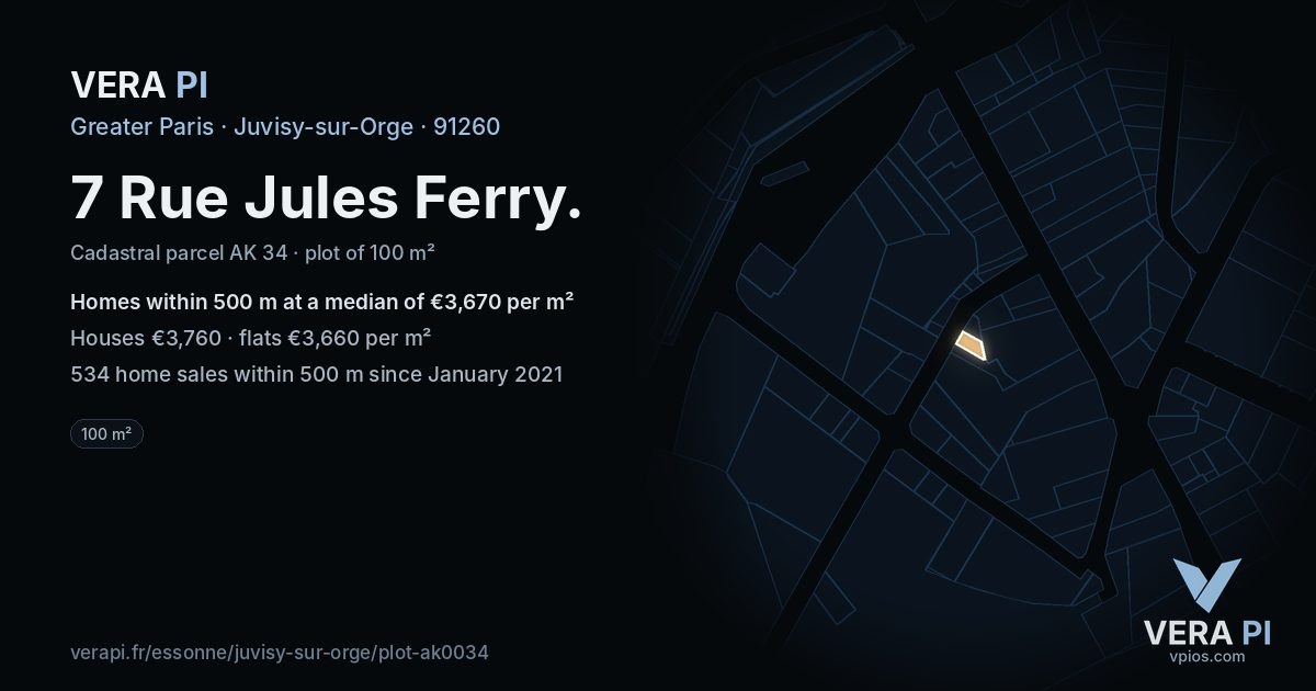 7 Rue Jules Ferry, Juvisy-sur-Orge at night – the plot lit, the parcels around coloured by the prices near them