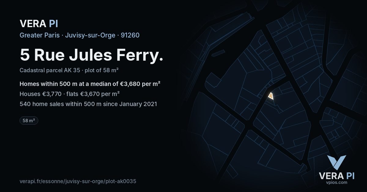 5 Rue Jules Ferry, Juvisy-sur-Orge at night – the plot lit, the parcels around coloured by the prices near them