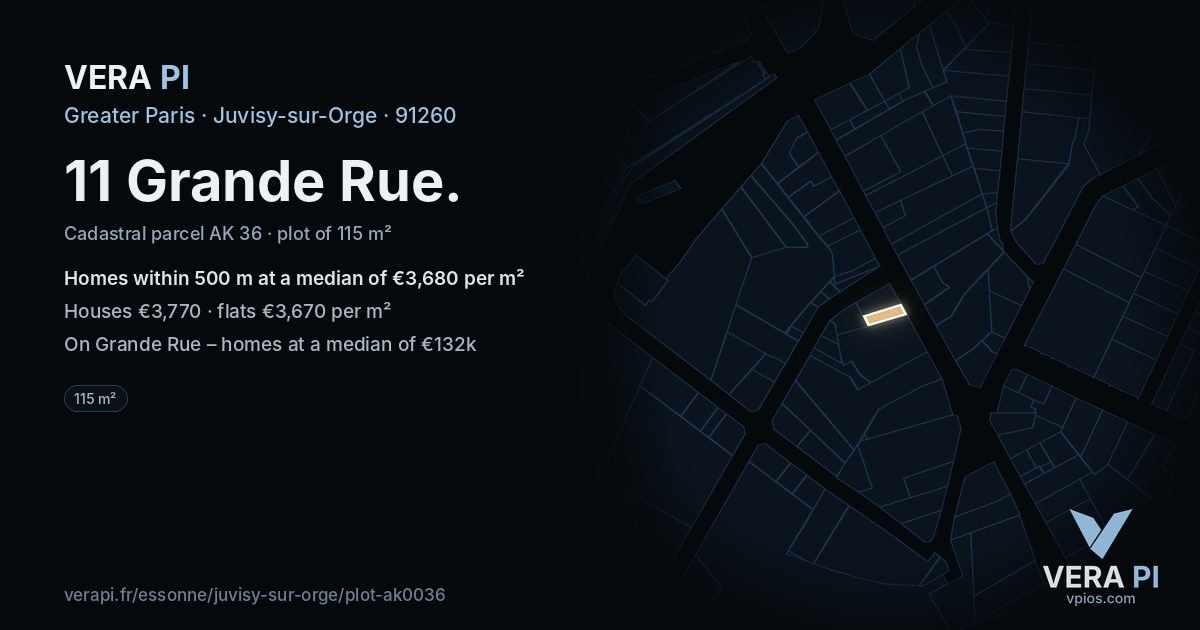 11 Grande Rue, Juvisy-sur-Orge at night – the plot lit, the parcels around coloured by the prices near them