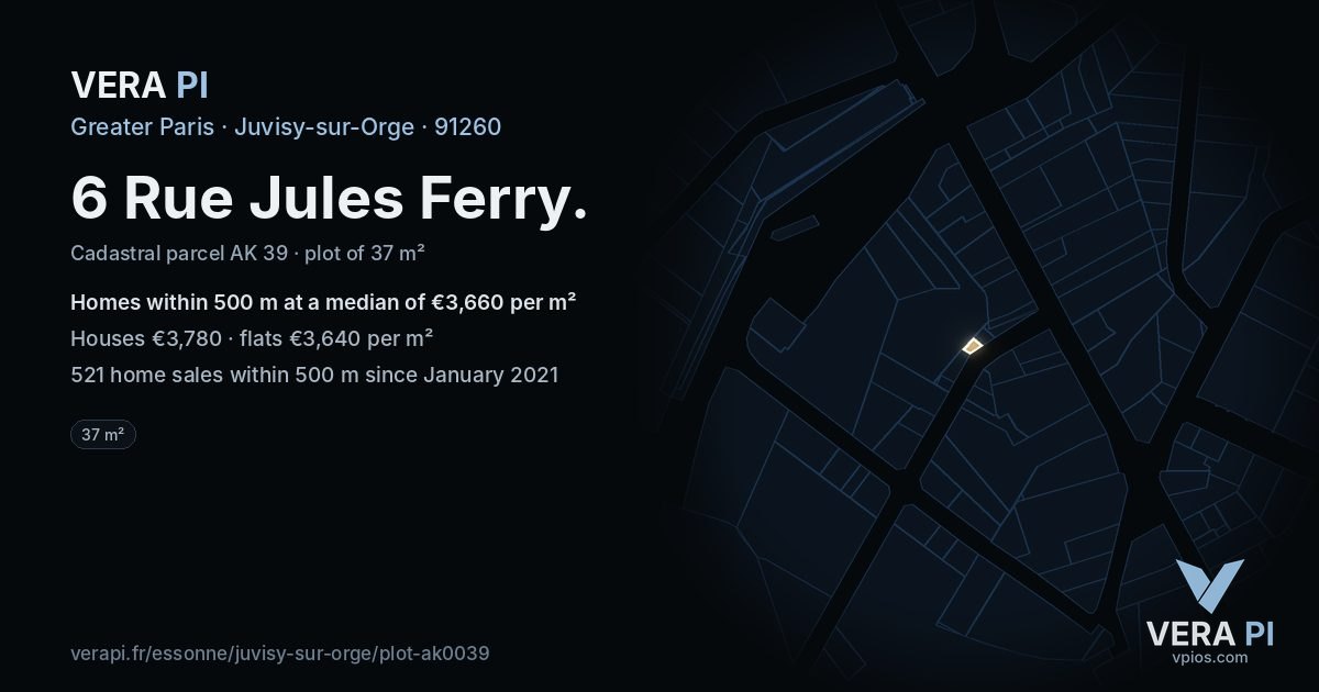 6 Rue Jules Ferry, Juvisy-sur-Orge at night – the plot lit, the parcels around coloured by the prices near them