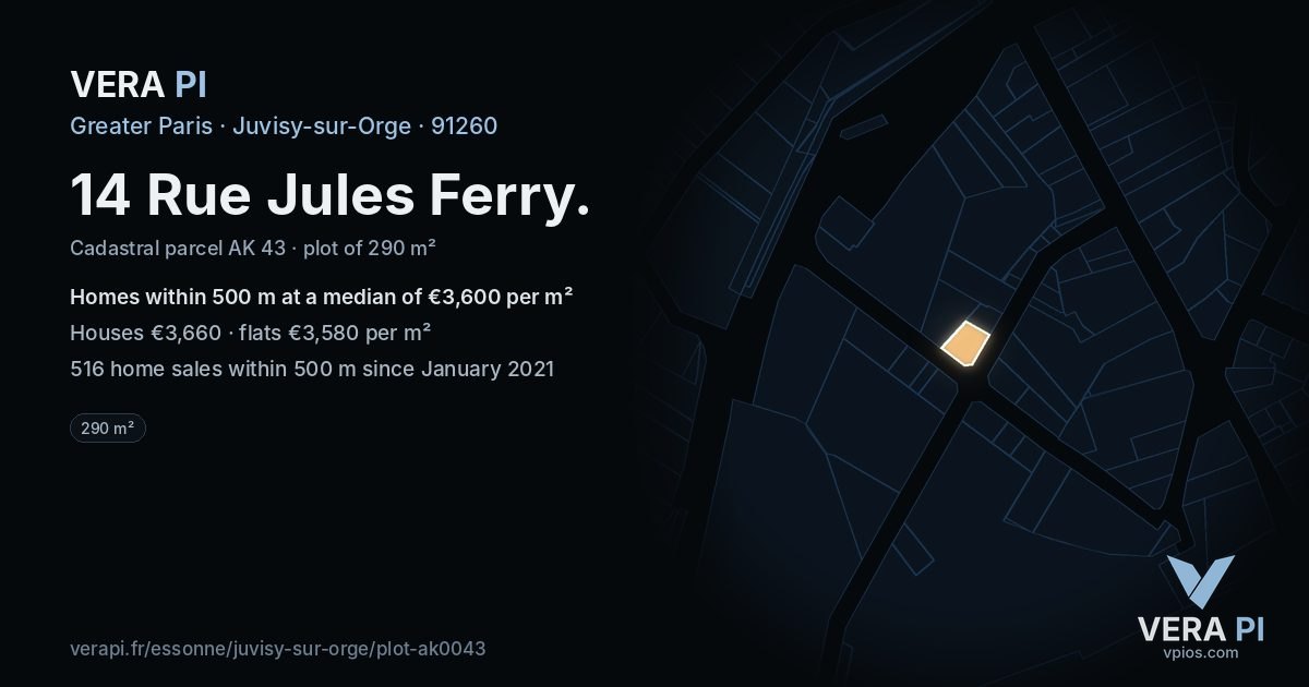 14 Rue Jules Ferry, Juvisy-sur-Orge at night – the plot lit, the parcels around coloured by the prices near them