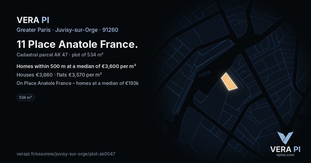 11 Place Anatole France, Juvisy-sur-Orge at night – the plot lit, the parcels around coloured by the prices near them