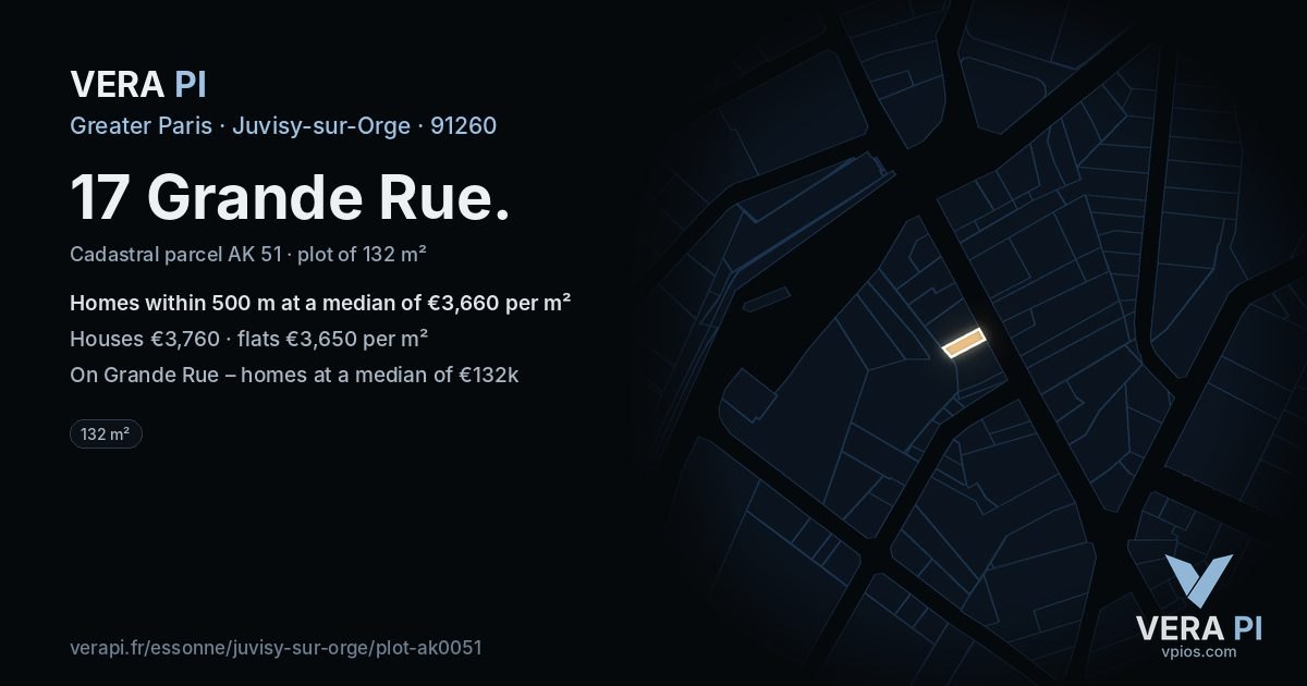 17 Grande Rue, Juvisy-sur-Orge at night – the plot lit, the parcels around coloured by the prices near them