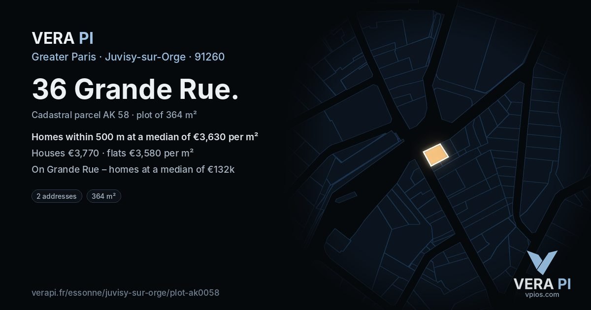 36 Grande Rue, Juvisy-sur-Orge at night – the plot lit, the parcels around coloured by the prices near them