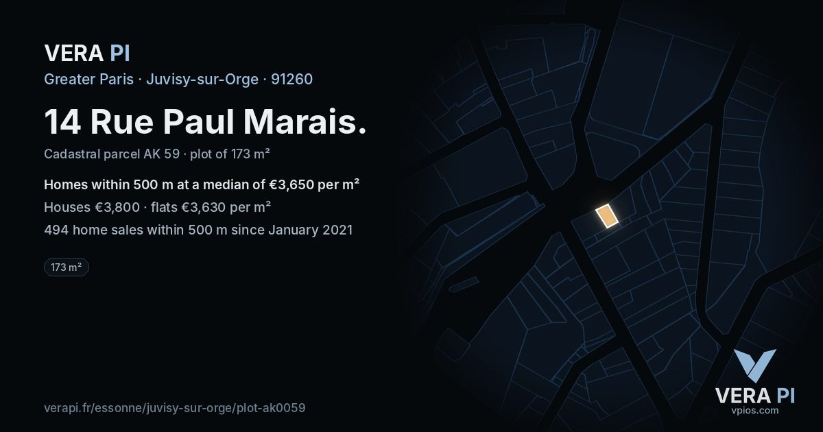 14 Rue Paul Marais, Juvisy-sur-Orge at night – the plot lit, the parcels around coloured by the prices near them