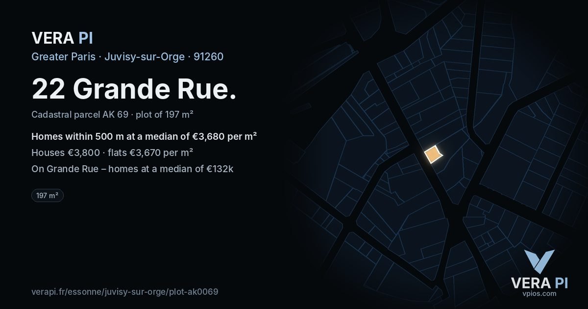22 Grande Rue, Juvisy-sur-Orge at night – the plot lit, the parcels around coloured by the prices near them
