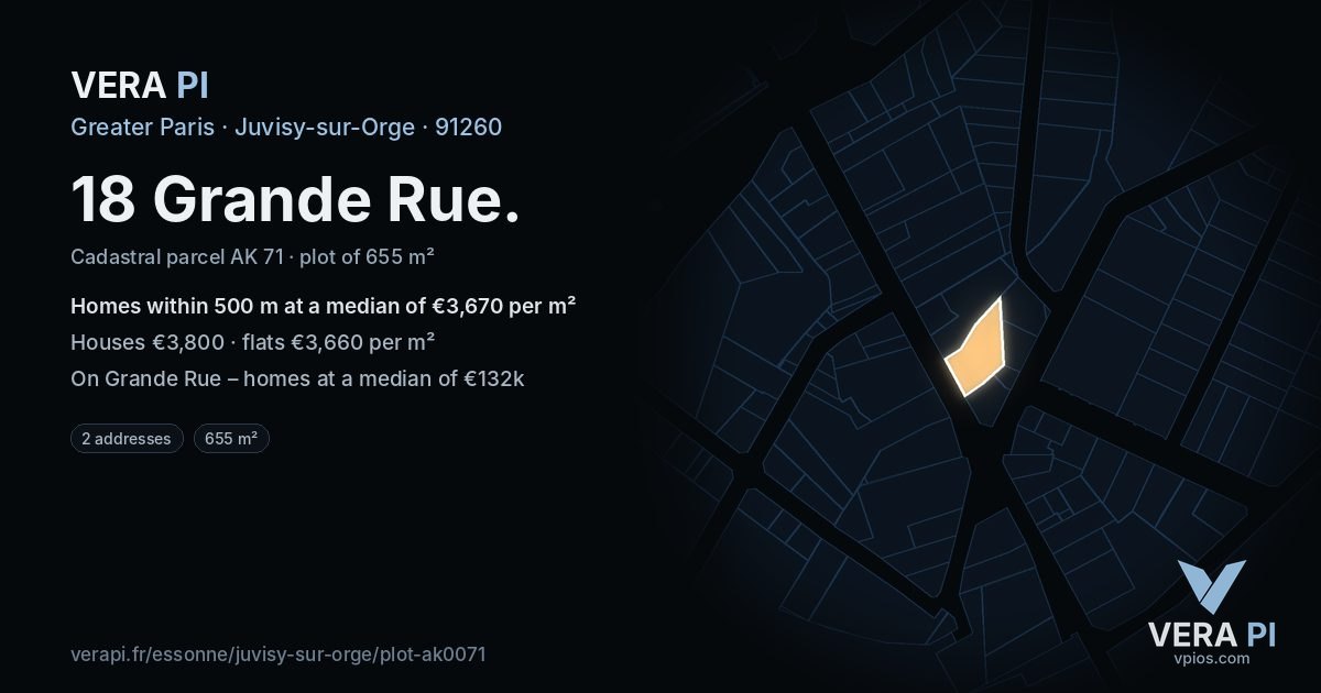 18 Grande Rue, Juvisy-sur-Orge at night – the plot lit, the parcels around coloured by the prices near them