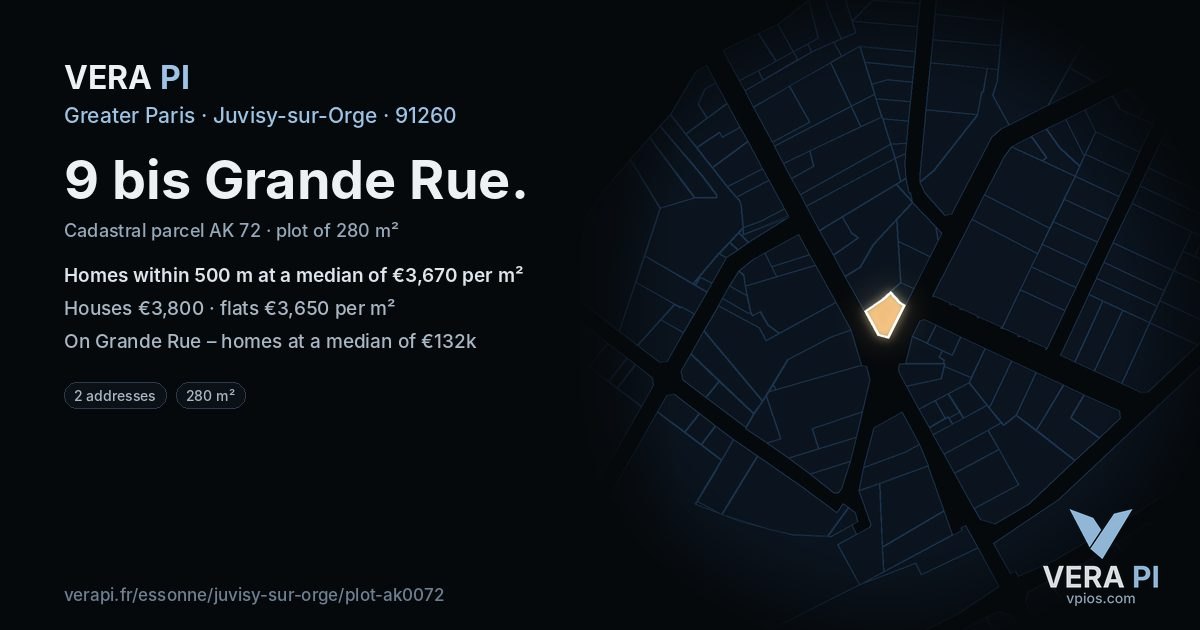 9 bis Grande Rue, Juvisy-sur-Orge at night – the plot lit, the parcels around coloured by the prices near them