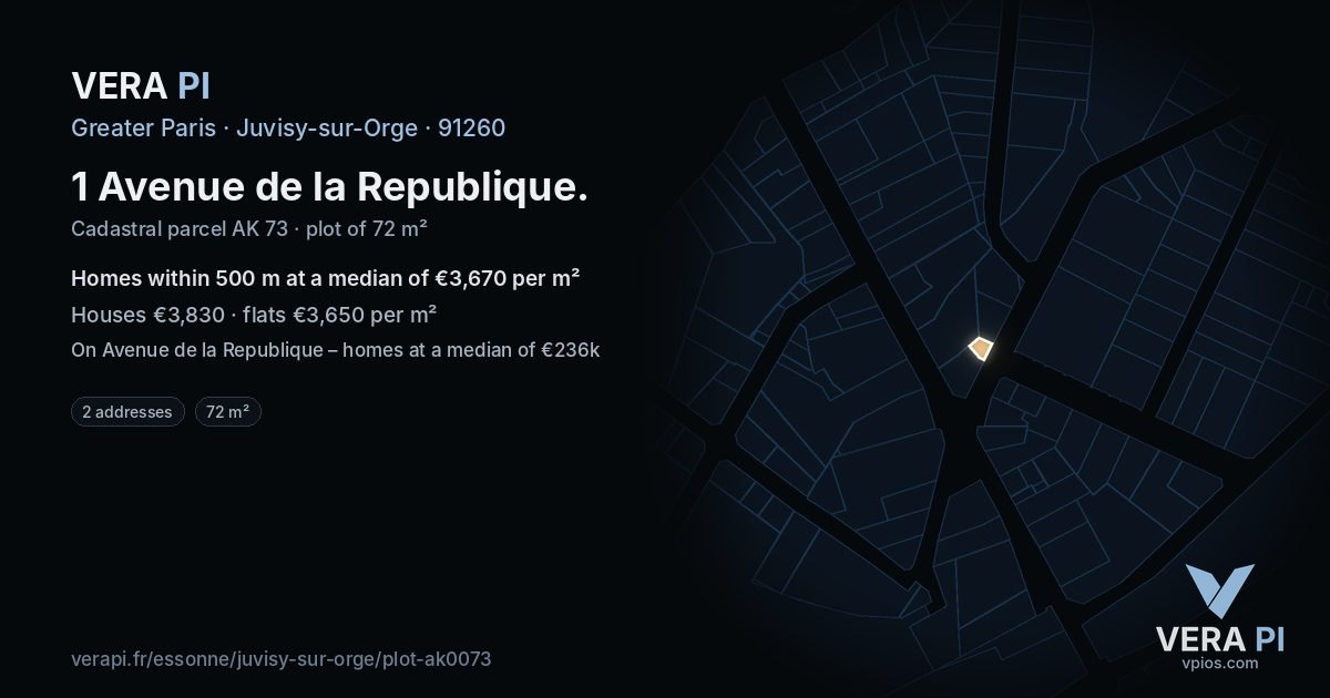 1 Avenue de la Republique, Juvisy-sur-Orge at night – the plot lit, the parcels around coloured by the prices near them