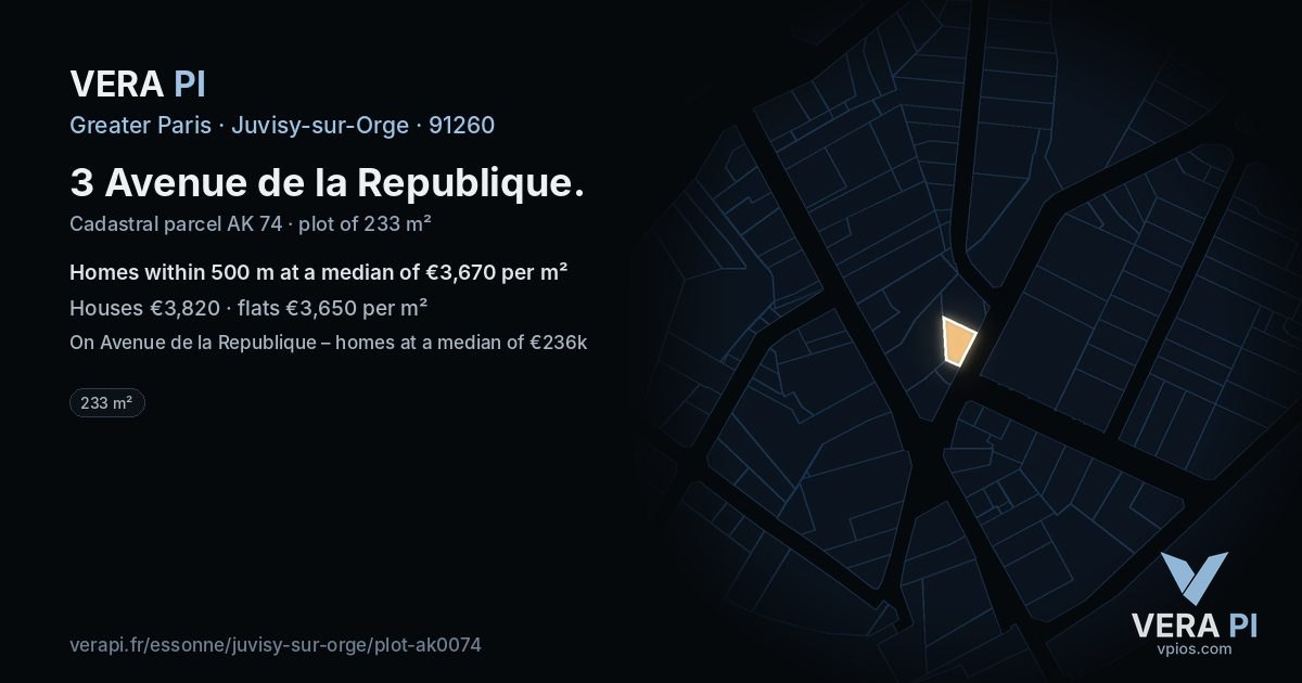 3 Avenue de la Republique, Juvisy-sur-Orge at night – the plot lit, the parcels around coloured by the prices near them