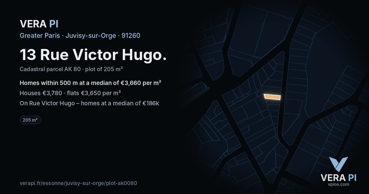 13 Rue Victor Hugo, Juvisy-sur-Orge at night – the plot lit, the parcels around coloured by the prices near them