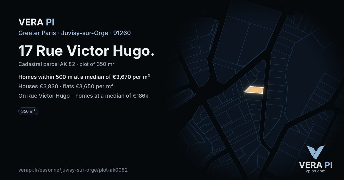 17 Rue Victor Hugo, Juvisy-sur-Orge at night – the plot lit, the parcels around coloured by the prices near them