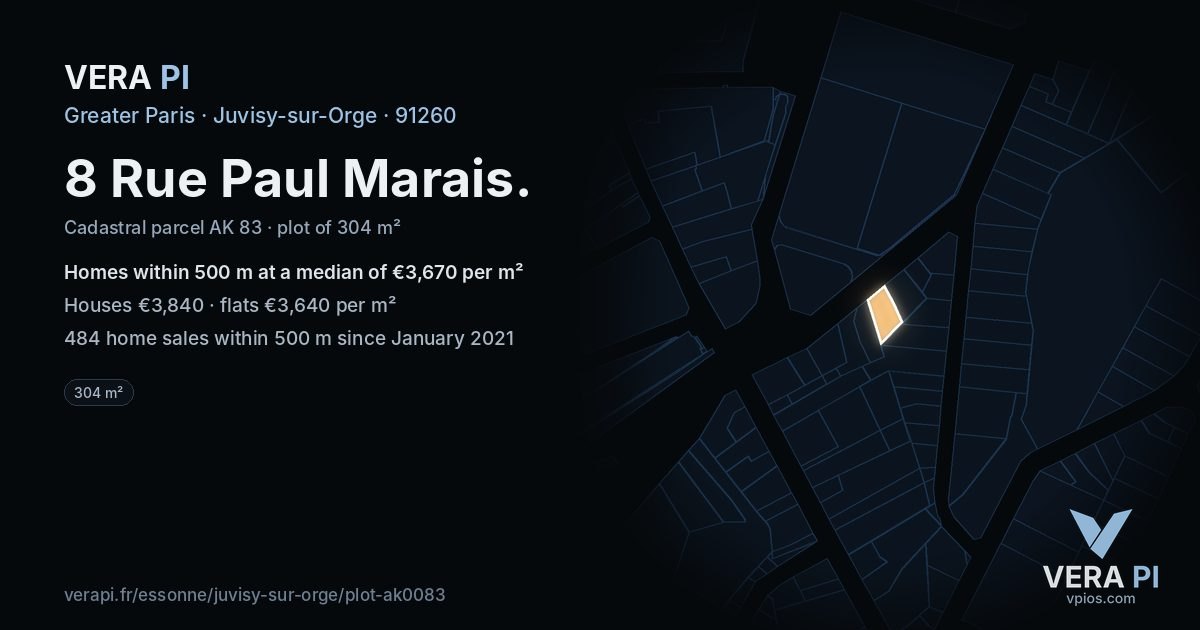 8 Rue Paul Marais, Juvisy-sur-Orge at night – the plot lit, the parcels around coloured by the prices near them