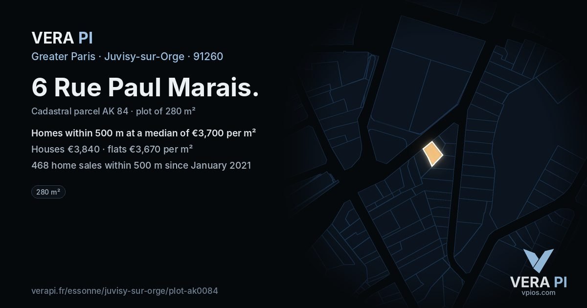 6 Rue Paul Marais, Juvisy-sur-Orge at night – the plot lit, the parcels around coloured by the prices near them