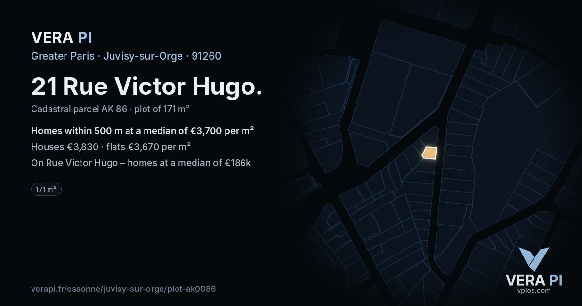21 Rue Victor Hugo, Juvisy-sur-Orge at night – the plot lit, the parcels around coloured by the prices near them