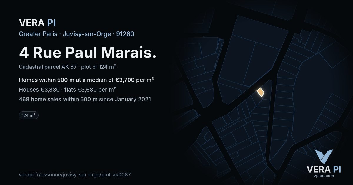 4 Rue Paul Marais, Juvisy-sur-Orge at night – the plot lit, the parcels around coloured by the prices near them