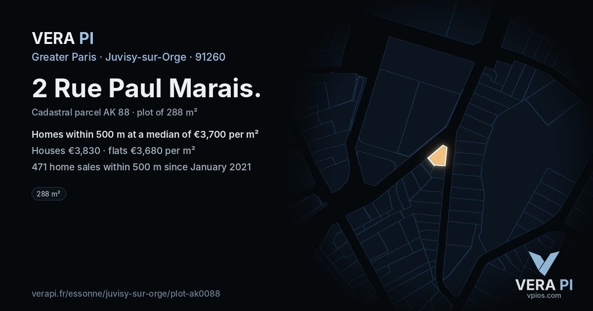 2 Rue Paul Marais, Juvisy-sur-Orge at night – the plot lit, the parcels around coloured by the prices near them