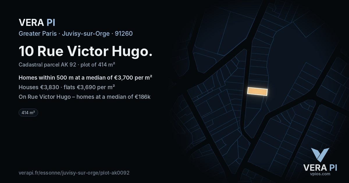 10 Rue Victor Hugo, Juvisy-sur-Orge at night – the plot lit, the parcels around coloured by the prices near them