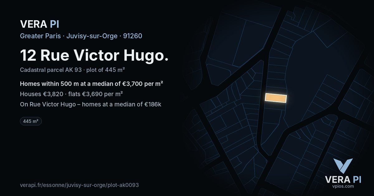 12 Rue Victor Hugo, Juvisy-sur-Orge at night – the plot lit, the parcels around coloured by the prices near them