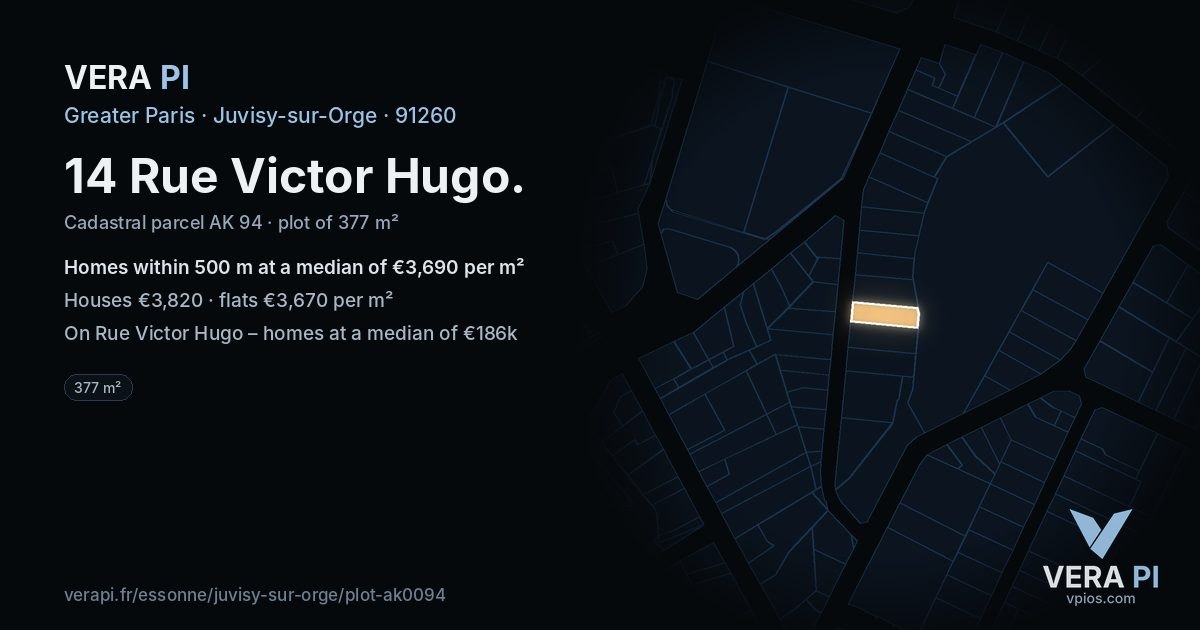 14 Rue Victor Hugo, Juvisy-sur-Orge at night – the plot lit, the parcels around coloured by the prices near them