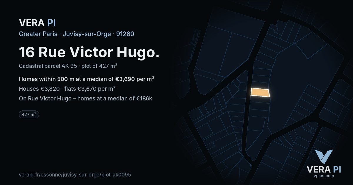 16 Rue Victor Hugo, Juvisy-sur-Orge at night – the plot lit, the parcels around coloured by the prices near them
