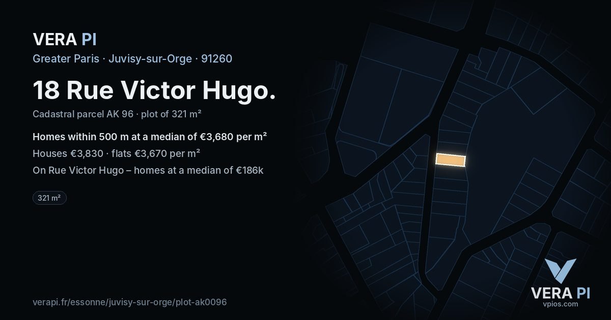 18 Rue Victor Hugo, Juvisy-sur-Orge at night – the plot lit, the parcels around coloured by the prices near them