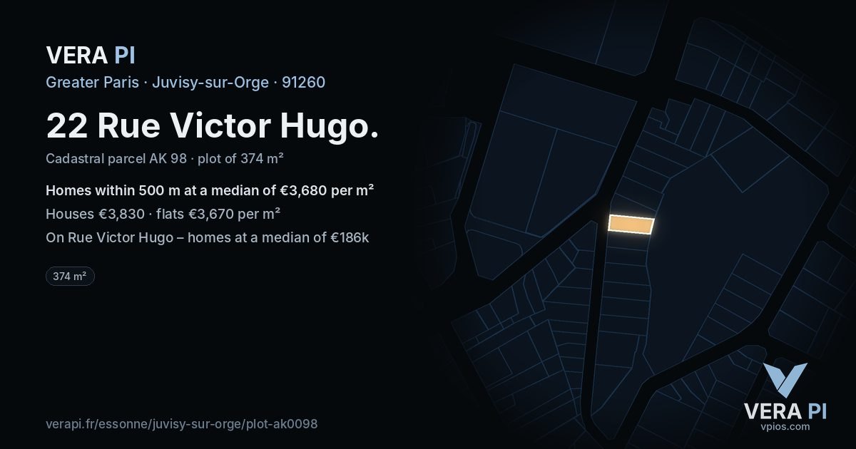 22 Rue Victor Hugo, Juvisy-sur-Orge at night – the plot lit, the parcels around coloured by the prices near them