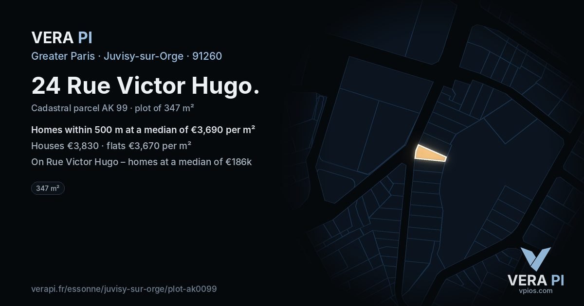 24 Rue Victor Hugo, Juvisy-sur-Orge at night – the plot lit, the parcels around coloured by the prices near them