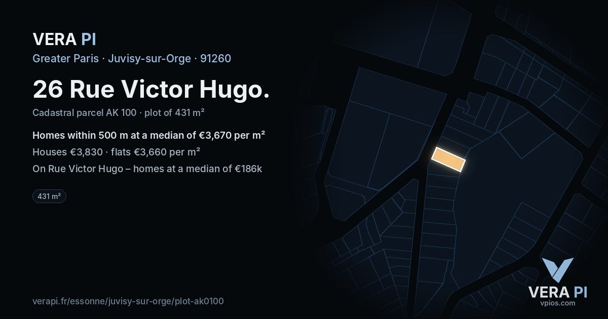 26 Rue Victor Hugo, Juvisy-sur-Orge at night – the plot lit, the parcels around coloured by the prices near them